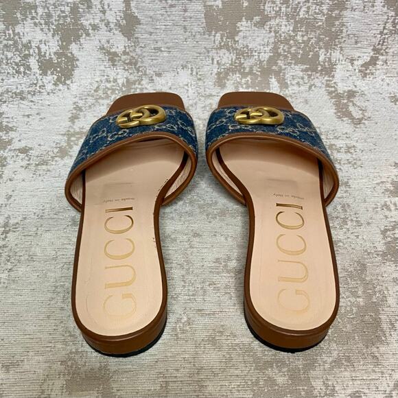 Gucci Jolie Double G Denim Logo & Cognac Leather Slides - Picture 3 of 13